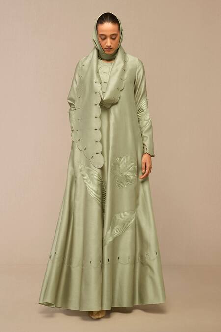 Buy Ampm Green Chanderi Embroidery Round Neck Floral Maxi Dress Online at Aza Fashions Buy_Ampm_Green Chanderi Embroidery Round Neck Floral Maxi Dress _Online_at_Aza_Fashions