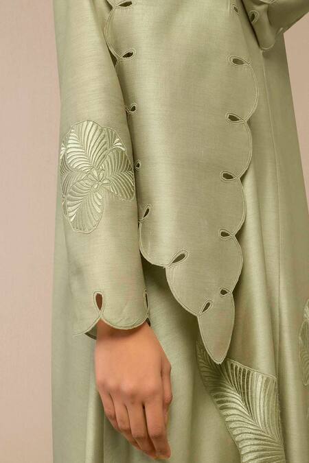 Shop Ampm Green Chanderi Embroidery Round Neck Floral Maxi Dress Online at Aza Fashions Shop_Ampm_Green Chanderi Embroidery Round Neck Floral Maxi Dress _Online_at_Aza_Fashions