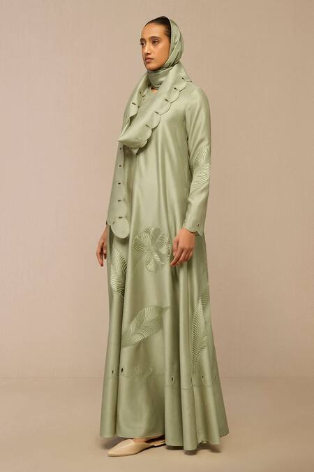 Ampm Green Chanderi Embroidery Round Neck Floral Maxi Dress at Aza Fashions Ampm_Green Chanderi Embroidery Round Neck Floral Maxi Dress _at_Aza_Fashions