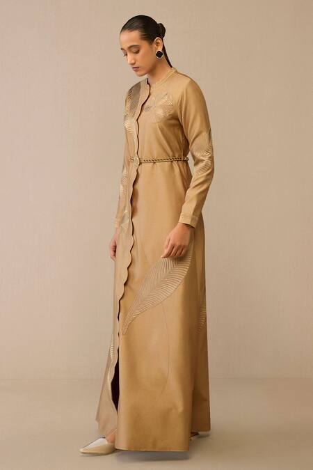 Ampm Beige Chanderi Embroidery Scoop Neck Gul Leaf Maxi Dress With Belt Online at Aza Fashions Ampm_Beige Chanderi Embroidery Scoop Neck Gul Leaf Maxi Dress With Belt _Online_at_Aza_Fashions