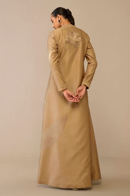 Shop Ampm Beige Chanderi Embroidery Scoop Neck Gul Leaf Maxi Dress With Belt at Aza Fashions Shop_Ampm_Beige Chanderi Embroidery Scoop Neck Gul Leaf Maxi Dress With Belt _at_Aza_Fashions
