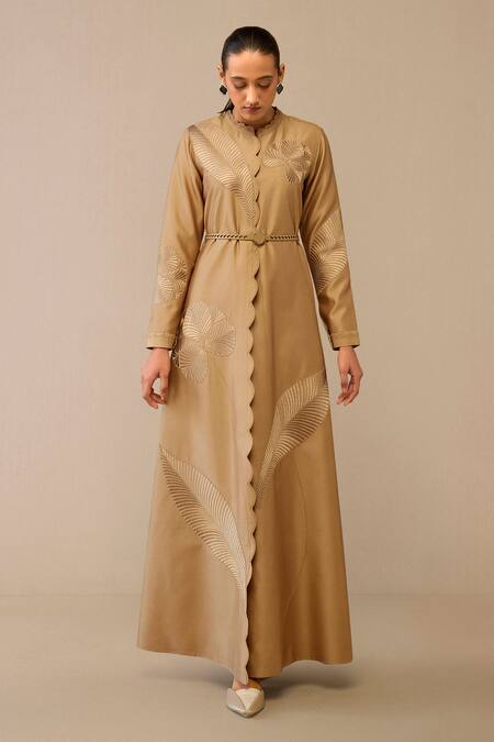 Buy Ampm Beige Chanderi Embroidery Scoop Neck Gul Leaf Maxi Dress With Belt Online at Aza Fashions Buy_Ampm_Beige Chanderi Embroidery Scoop Neck Gul Leaf Maxi Dress With Belt _Online_at_Aza_Fashions