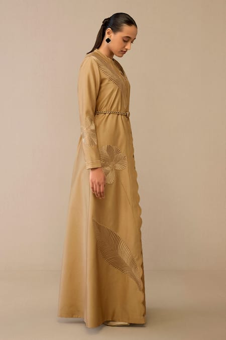 Shop Ampm Beige Chanderi Embroidery Scoop Neck Gul Leaf Maxi Dress With Belt Online at Aza Fashions Shop_Ampm_Beige Chanderi Embroidery Scoop Neck Gul Leaf Maxi Dress With Belt _Online_at_Aza_Fashions
