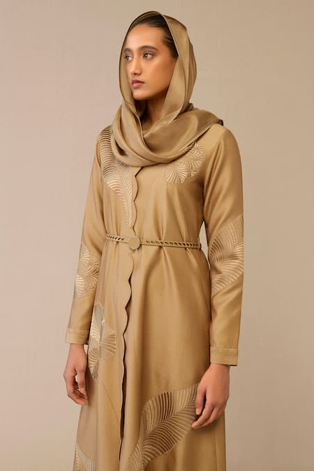 Ampm Beige Chanderi Embroidery Scoop Neck Gul Leaf Maxi Dress With Belt at Aza Fashions Ampm_Beige Chanderi Embroidery Scoop Neck Gul Leaf Maxi Dress With Belt _at_Aza_Fashions