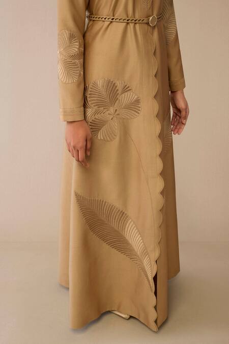 Buy Ampm Beige Chanderi Embroidery Scoop Neck Gul Leaf Maxi Dress With Belt Buy_Ampm_Beige Chanderi Embroidery Scoop Neck Gul Leaf Maxi Dress With Belt