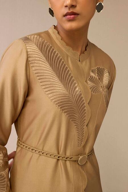 Shop Ampm Beige Chanderi Embroidery Scoop Neck Gul Leaf Maxi Dress With Belt Shop_Ampm_Beige Chanderi Embroidery Scoop Neck Gul Leaf Maxi Dress With Belt