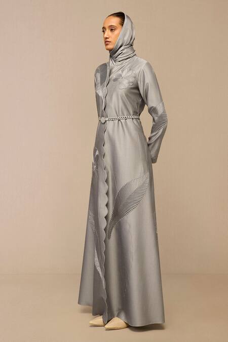 Buy Ampm Gray Chanderi Embroidery Scoop Neck Floral Grey Maxi Dress With Belt Online at Aza Fashions Buy_Ampm_Gray Chanderi Embroidery Scoop Neck Floral Grey Maxi Dress With Belt_Online_at_Aza_Fashions