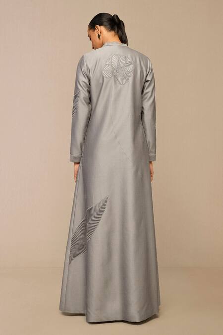 Shop Ampm Gray Chanderi Embroidery Scoop Neck Floral Grey Maxi Dress With Belt at Aza Fashions Shop_Ampm_Gray Chanderi Embroidery Scoop Neck Floral Grey Maxi Dress With Belt_at_Aza_Fashions