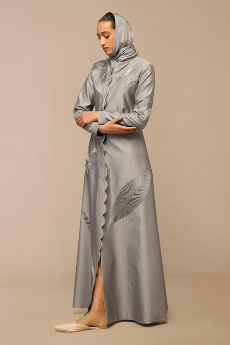 Shop Ampm Gray Chanderi Embroidery Scoop Neck Floral Grey Maxi Dress With Belt Online at Aza Fashions Shop_Ampm_Gray Chanderi Embroidery Scoop Neck Floral Grey Maxi Dress With Belt_Online_at_Aza_Fashions