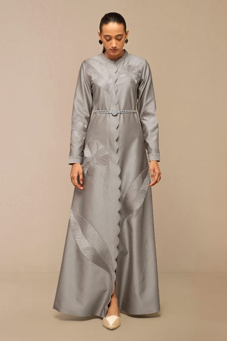 Ampm Gray Chanderi Embroidery Scoop Neck Floral Grey Maxi Dress With Belt at Aza Fashions Ampm_Gray Chanderi Embroidery Scoop Neck Floral Grey Maxi Dress With Belt_at_Aza_Fashions