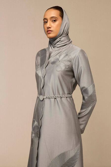 Buy Ampm Gray Chanderi Embroidery Scoop Neck Floral Grey Maxi Dress With Belt Buy_Ampm_Gray Chanderi Embroidery Scoop Neck Floral Grey Maxi Dress With Belt