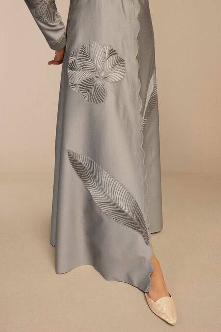 Shop Ampm Gray Chanderi Embroidery Scoop Neck Floral Grey Maxi Dress With Belt Shop_Ampm_Gray Chanderi Embroidery Scoop Neck Floral Grey Maxi Dress With Belt