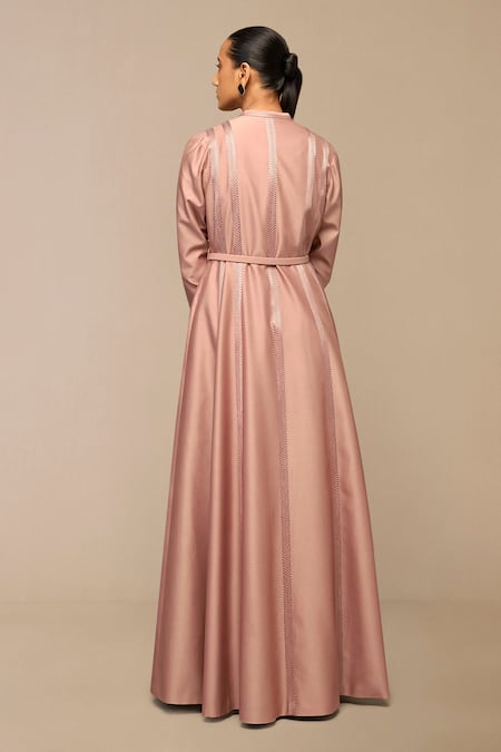 Shop Ampm Pink Chanderi Embroidery Mandarin Collar Blush Jacket With Belt at Aza Fashions Shop_Ampm_Pink Chanderi Embroidery Mandarin Collar Blush Jacket With Belt _at_Aza_Fashions