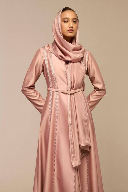 Ampm Pink Chanderi Embroidery Mandarin Collar Blush Jacket With Belt at Aza Fashions Ampm_Pink Chanderi Embroidery Mandarin Collar Blush Jacket With Belt _at_Aza_Fashions