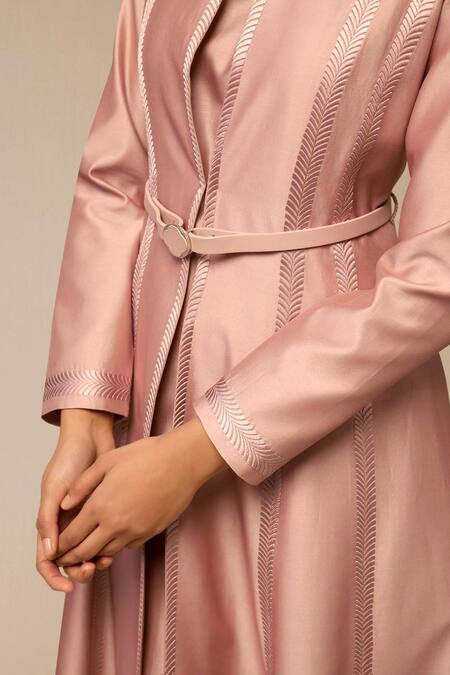 Buy Ampm Pink Chanderi Embroidery Mandarin Collar Blush Jacket With Belt Buy_Ampm_Pink Chanderi Embroidery Mandarin Collar Blush Jacket With Belt