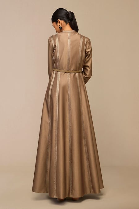 Shop Ampm Brown Chanderi Embroidery Mandarin Collar Resham Jacket With Belt at Aza Fashions Shop_Ampm_Brown Chanderi Embroidery Mandarin Collar Resham Jacket With Belt _at_Aza_Fashions