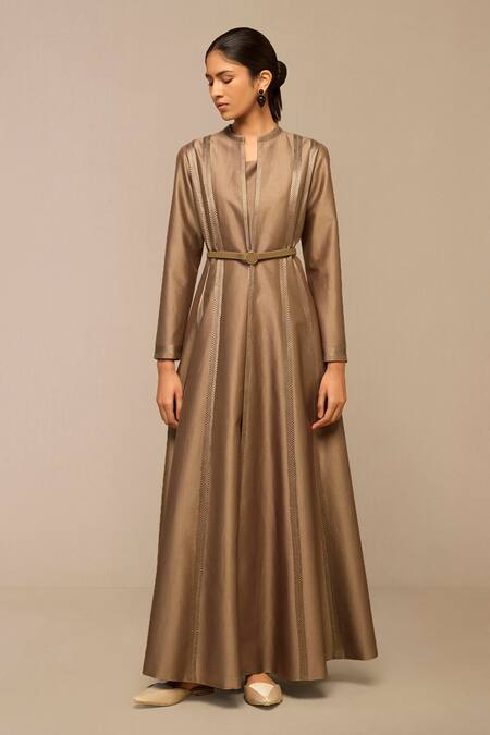 Shop Ampm Brown Chanderi Embroidery Mandarin Collar Resham Jacket With Belt Online at Aza Fashions Shop_Ampm_Brown Chanderi Embroidery Mandarin Collar Resham Jacket With Belt _Online_at_Aza_Fashions