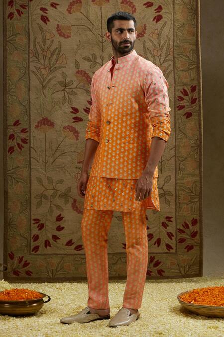 Sva By Sonam & Paras Modi Orange Crepe Embroidery Butti Print Ombre Bundi Online at Aza Fashions Sva By Sonam & Paras Modi_Orange Crepe Embroidery Butti Print Ombre Bundi_Online_at_Aza_Fashions