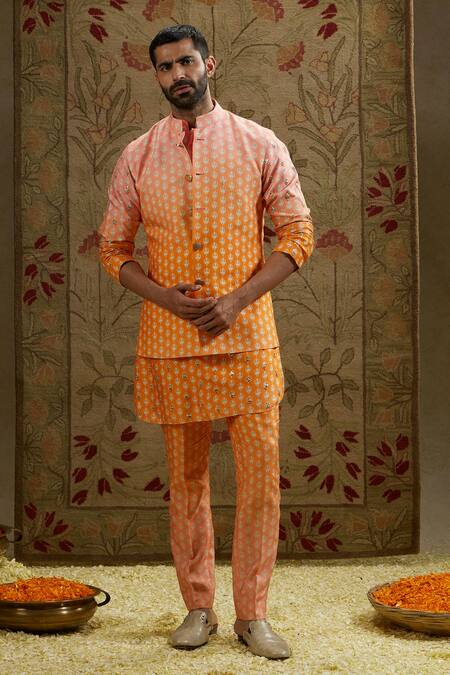 Sva By Sonam & Paras Modi Orange Crepe Embroidery Butti Print Ombre Bundi at Aza Fashions Sva By Sonam & Paras Modi_Orange Crepe Embroidery Butti Print Ombre Bundi_at_Aza_Fashions