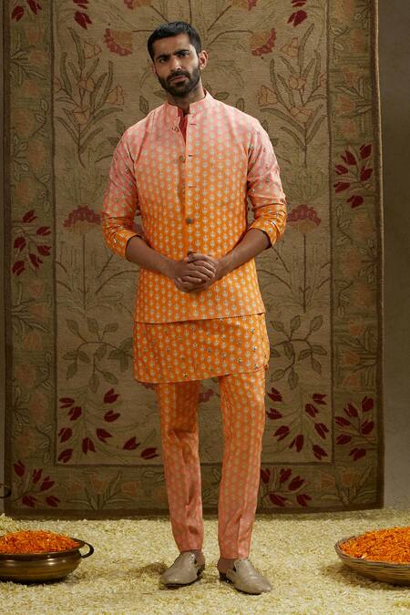 Buy Sva By Sonam & Paras Modi Orange Crepe Embroidery Butti Print Ombre Bundi Buy_Sva By Sonam & Paras Modi_Orange Crepe Embroidery Butti Print Ombre Bundi