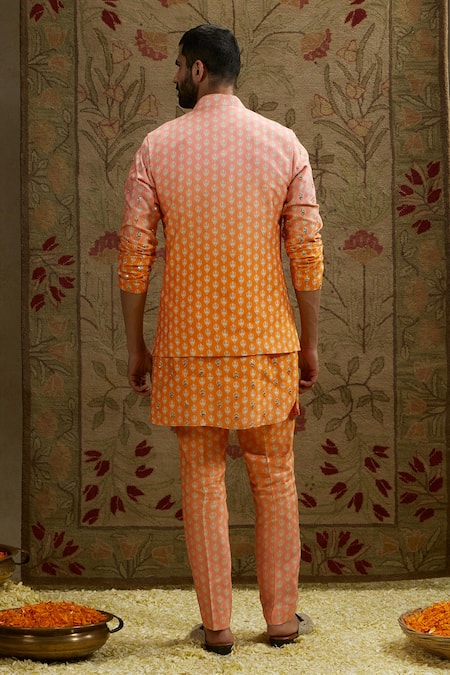 Shop Sva By Sonam & Paras Modi Orange Crepe Embroidery Butti Print Ombre Bundi at Aza Fashions Shop_Sva By Sonam & Paras Modi_Orange Crepe Embroidery Butti Print Ombre Bundi_at_Aza_Fashions