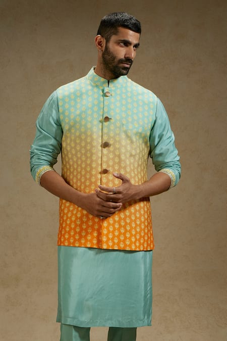 Sva By Sonam & Paras Modi_Blue Crepe Embroidery Bloom Butti Print Ombre Bundi_Online_at_Aza_Fashions