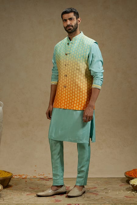 Buy_Sva By Sonam & Paras Modi_Blue Crepe Embroidery Bloom Butti Print Ombre Bundi_Online_at_Aza_Fashions