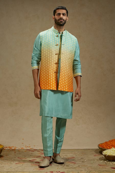 Buy_Sva By Sonam & Paras Modi_Blue Crepe Embroidery Bloom Butti Print Ombre Bundi