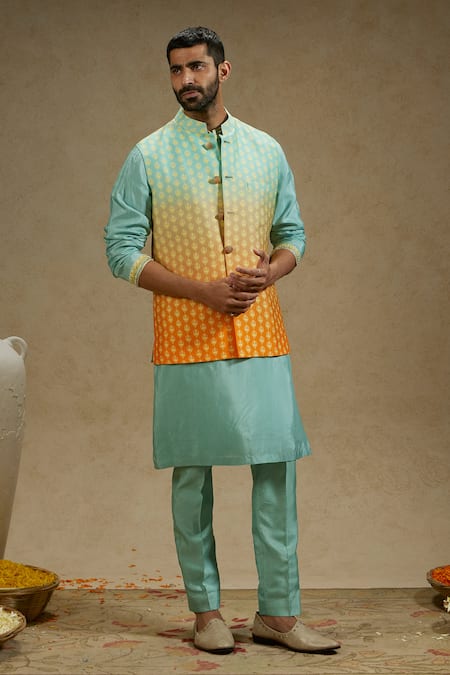 Shop_Sva By Sonam & Paras Modi_Blue Crepe Embroidery Bloom Butti Print Ombre Bundi