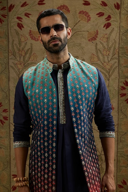 Sva By Sonam & Paras Modi Blue Crepe Embroidery Ombre Blossom Butti Print Bundi Online at Aza Fashions Sva By Sonam & Paras Modi_Blue Crepe Embroidery Ombre Blossom Butti Print Bundi_Online_at_Aza_Fashions