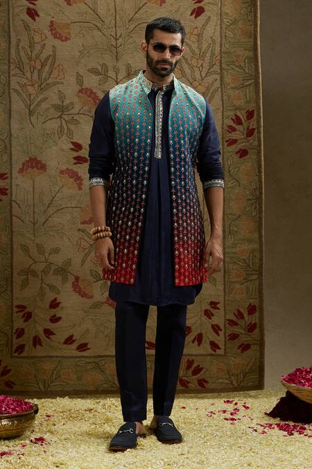 Buy Sva By Sonam & Paras Modi Blue Crepe Embroidery Ombre Blossom Butti Print Bundi Online at Aza Fashions Buy_Sva By Sonam & Paras Modi_Blue Crepe Embroidery Ombre Blossom Butti Print Bundi_Online_at_Aza_Fashions