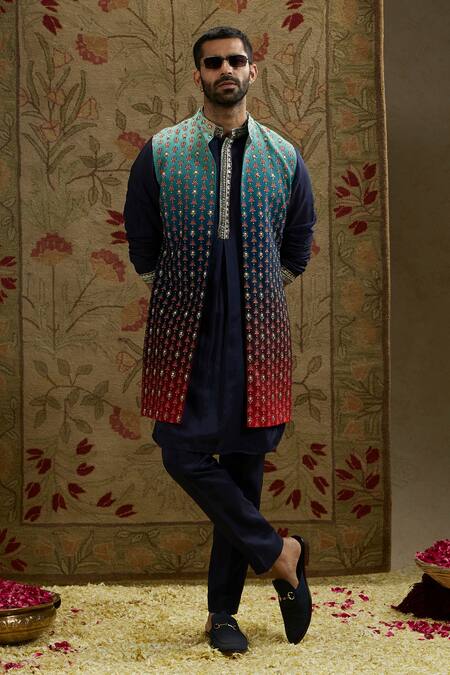 Sva By Sonam & Paras Modi Blue Crepe Embroidery Ombre Blossom Butti Print Bundi at Aza Fashions Sva By Sonam & Paras Modi_Blue Crepe Embroidery Ombre Blossom Butti Print Bundi_at_Aza_Fashions