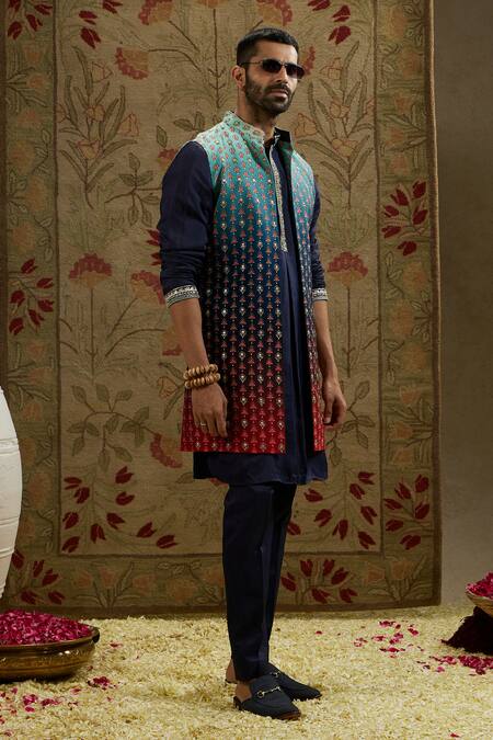 Buy Sva By Sonam & Paras Modi Blue Crepe Embroidery Ombre Blossom Butti Print Bundi Buy_Sva By Sonam & Paras Modi_Blue Crepe Embroidery Ombre Blossom Butti Print Bundi