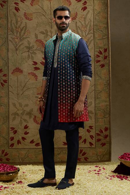 Shop Sva By Sonam & Paras Modi Blue Crepe Embroidery Ombre Blossom Butti Print Bundi Shop_Sva By Sonam & Paras Modi_Blue Crepe Embroidery Ombre Blossom Butti Print Bundi