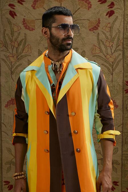 Buy_Sva By Sonam & Paras Modi_Multi Color Crepe Striped Print Trench Jacket_Online_at_Aza_Fashions