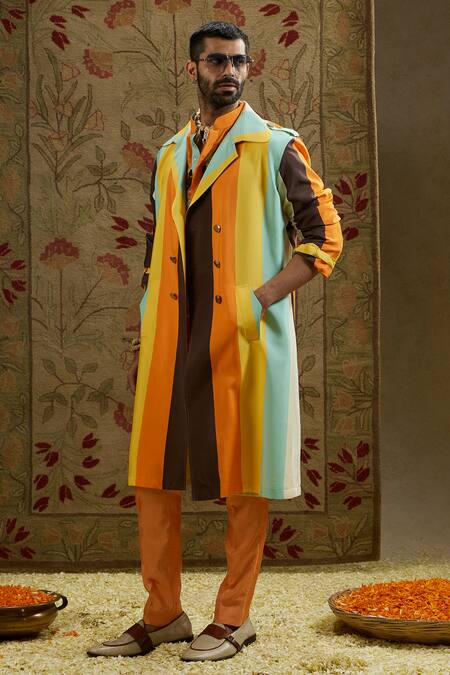 Sva By Sonam & Paras Modi_Multi Color Crepe Striped Print Trench Jacket_at_Aza_Fashions