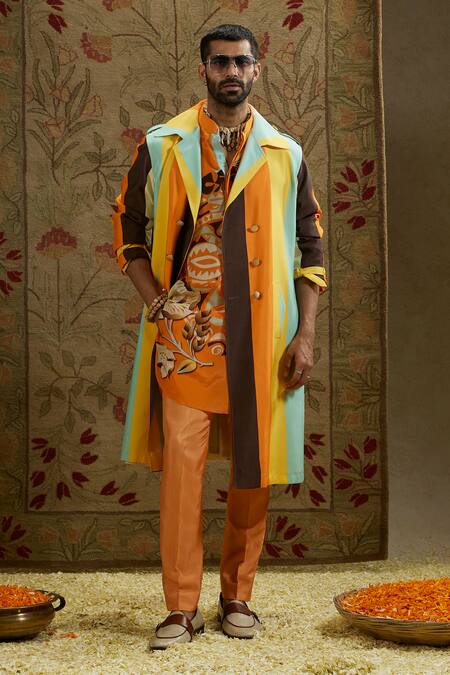 Shop_Sva By Sonam & Paras Modi_Multi Color Crepe Striped Print Trench Jacket