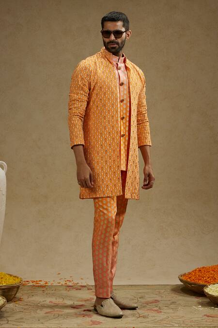 Sva By Sonam & Paras Modi Orange Crepe Embroidery Geometric Vine Print Sherwani Jacket Online at Aza Fashions Sva By Sonam & Paras Modi_Orange Crepe Embroidery Geometric Vine Print Sherwani Jacket_Online_at_Aza_Fashions