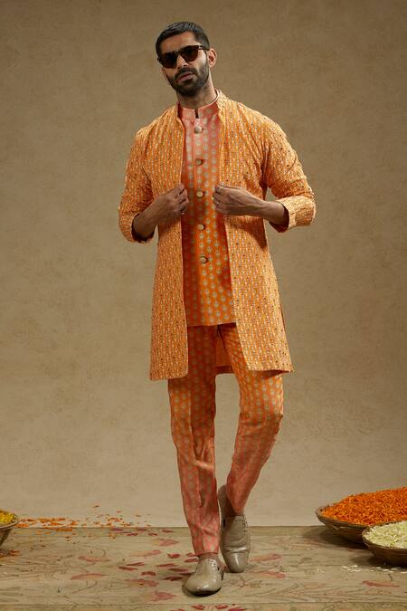 Buy Sva By Sonam & Paras Modi Orange Crepe Embroidery Geometric Vine Print Sherwani Jacket Online at Aza Fashions Buy_Sva By Sonam & Paras Modi_Orange Crepe Embroidery Geometric Vine Print Sherwani Jacket_Online_at_Aza_Fashions