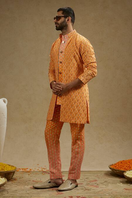 Sva By Sonam & Paras Modi Orange Crepe Embroidery Geometric Vine Print Sherwani Jacket at Aza Fashions Sva By Sonam & Paras Modi_Orange Crepe Embroidery Geometric Vine Print Sherwani Jacket_at_Aza_Fashions