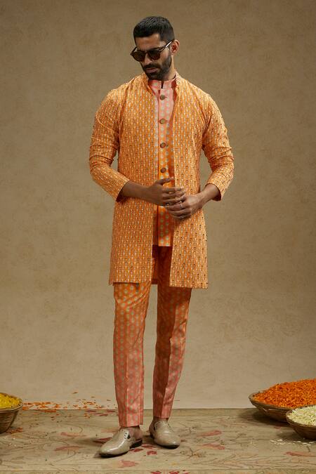 Buy Sva By Sonam & Paras Modi Orange Crepe Embroidery Geometric Vine Print Sherwani Jacket Buy_Sva By Sonam & Paras Modi_Orange Crepe Embroidery Geometric Vine Print Sherwani Jacket