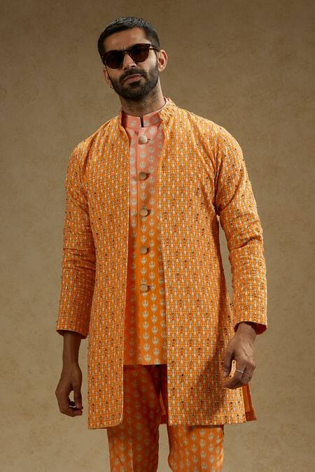 Shop Sva By Sonam & Paras Modi Orange Crepe Embroidery Geometric Vine Print Sherwani Jacket Shop_Sva By Sonam & Paras Modi_Orange Crepe Embroidery Geometric Vine Print Sherwani Jacket