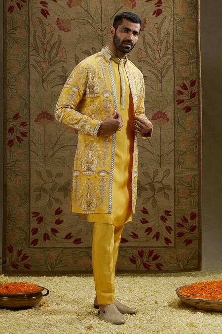 Buy_Sva By Sonam & Paras Modi_Yellow Crepe Embroidery Mughal Bloom Sherwani Jacket_Online_at_Aza_Fashions