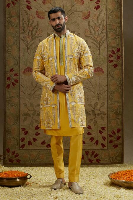 Sva By Sonam & Paras Modi_Yellow Crepe Embroidery Mughal Bloom Sherwani Jacket_at_Aza_Fashions