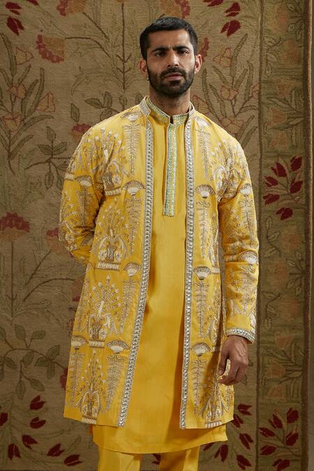 Buy_Sva By Sonam & Paras Modi_Yellow Crepe Embroidery Mughal Bloom Sherwani Jacket