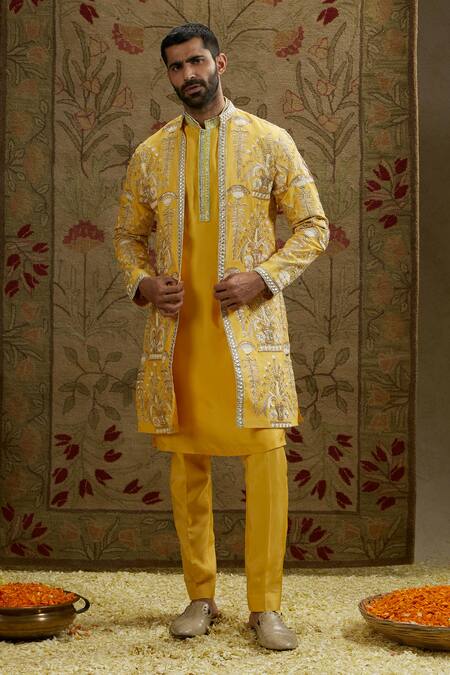 Shop_Sva By Sonam & Paras Modi_Yellow Crepe Embroidery Mughal Bloom Sherwani Jacket