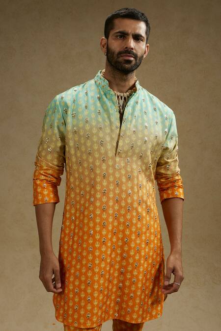 Shop Sva By Sonam & Paras Modi Orange Crepe Embroidery Bloom Butti Print Ombre Kurta Set Online at Aza Fashions Shop_Sva By Sonam & Paras Modi_Orange Crepe Embroidery Bloom Butti Print Ombre Kurta Set_Online_at_Aza_Fashions