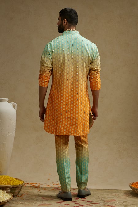 Shop Sva By Sonam & Paras Modi Orange Crepe Embroidery Bloom Butti Print Ombre Kurta Set at Aza Fashions Shop_Sva By Sonam & Paras Modi_Orange Crepe Embroidery Bloom Butti Print Ombre Kurta Set_at_Aza_Fashions