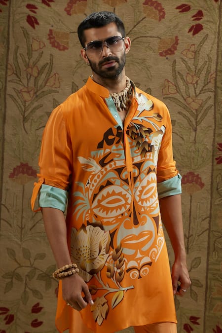 Sva By Sonam & Paras Modi Orange Crepe Mask Print Kurta Online at Aza Fashions Sva By Sonam & Paras Modi_Orange Crepe Mask Print Kurta_Online_at_Aza_Fashions