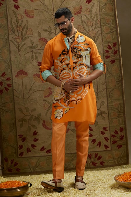 Sva By Sonam & Paras Modi Orange Crepe Mask Print Kurta at Aza Fashions Sva By Sonam & Paras Modi_Orange Crepe Mask Print Kurta_at_Aza_Fashions